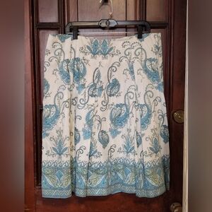 NWOT Talbots Skirt Womens White Blue Paisley Cotton Pleated Lined Zip Size 16